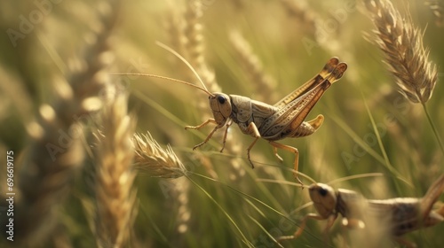 In the Rice Fields, Wild Grasshoppers Perch on the Paddy Trees, Creating a Harmonious Scene