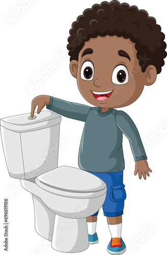 Cartoon little boy pushing flush button in toilet