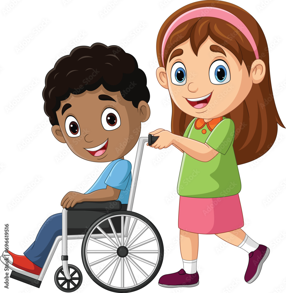 Cartoon little girl helping a boy in wheelchair Cartoon little girl helping a boy in wheelchair