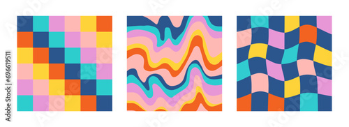 1970 Trippy Checkerboard and Wavy Swirl Pattern Set. Vector Illustration. Seventies Style, Groovy Background, Wallpaper, Print. Flat Design, Hippie Aesthetic.