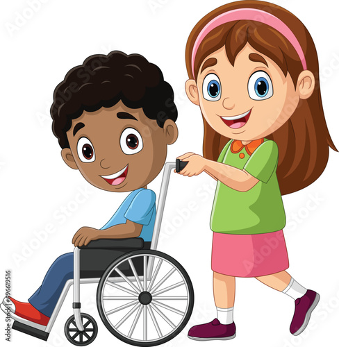 Cartoon little girl helping a boy in wheelchair