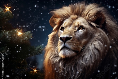 Very beautiful lion close-up, Christmas, snow, moon stars, garland, Christmas tree with generative ai