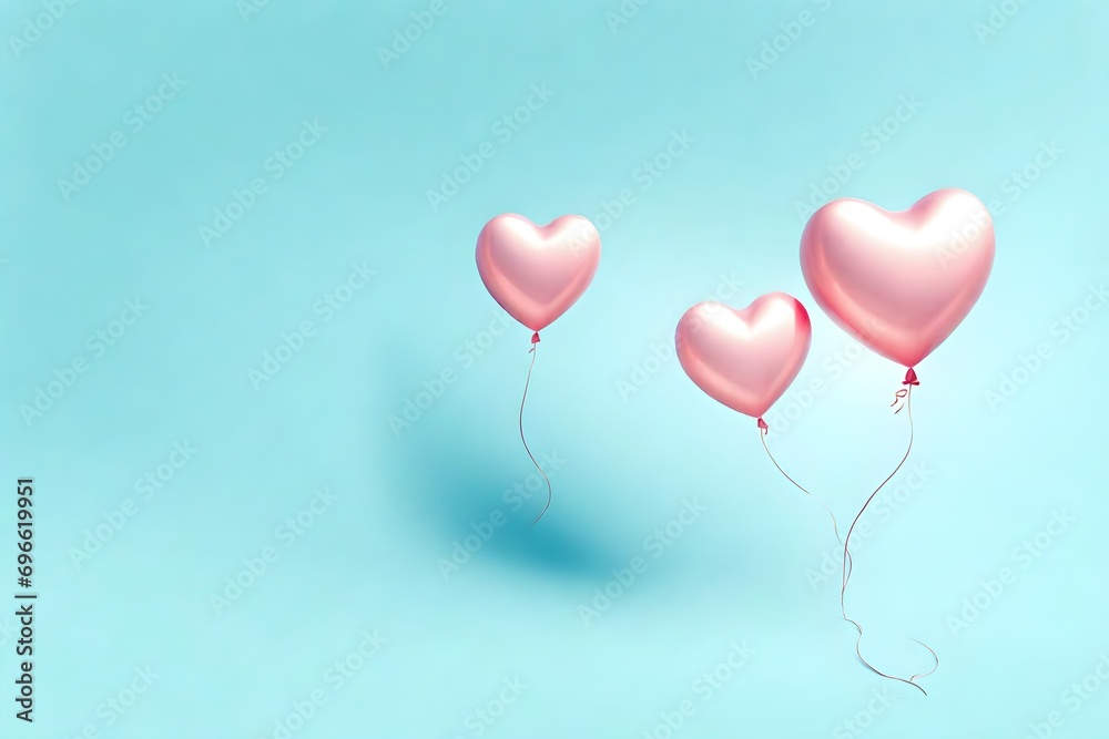 Two beautiful balloons merge into a heart shape on a light blue background. Love concept. AI generated.