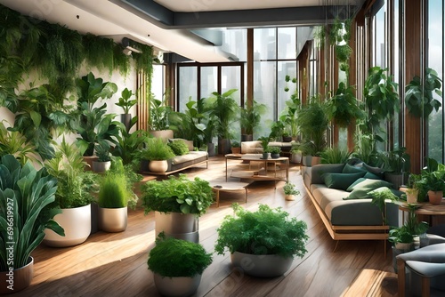 Lots of beautiful green lush indoor plants on the terrace. Decoration and landscaping of the terrace. AI generated photo
