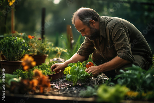 A person engaging in sustainable gardening, cultivating a homegrown vegetable garden. Concept of eco-friendly living practices. Generative Ai. photo