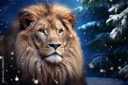 Very beautiful lion close-up, Christmas, snow, moon stars, garland, Christmas tree with generative ai © ImronDesign