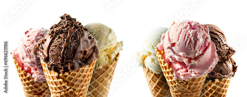 Set of Vanilla, Chocolate, and Strawberry Ice Cream, Isolated on Transparent Background, PNG