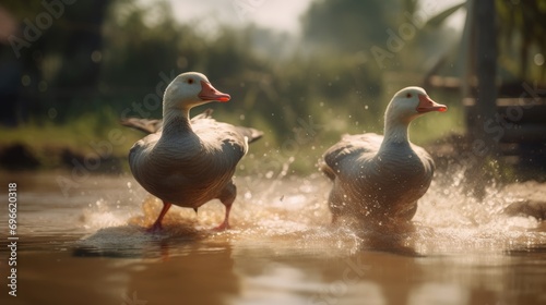 a pair of ducks playing together