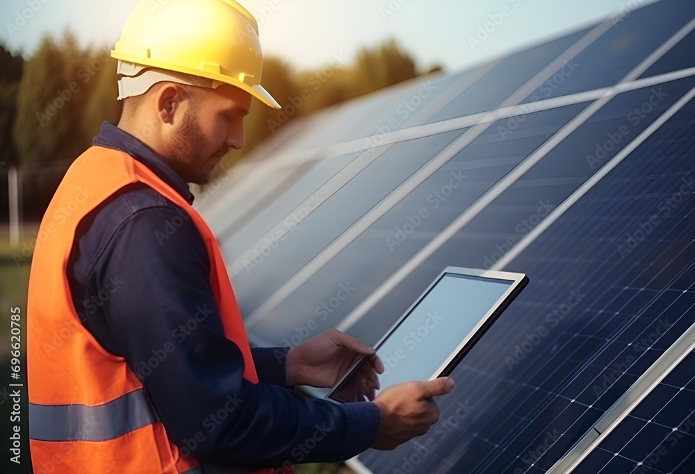 Engineer with laptop and tablet maintenance checking installing solar roof panel on the factory rooftop Engineer with laptop and tablet maintenance checking installing solar roof panel on the factory rooftop