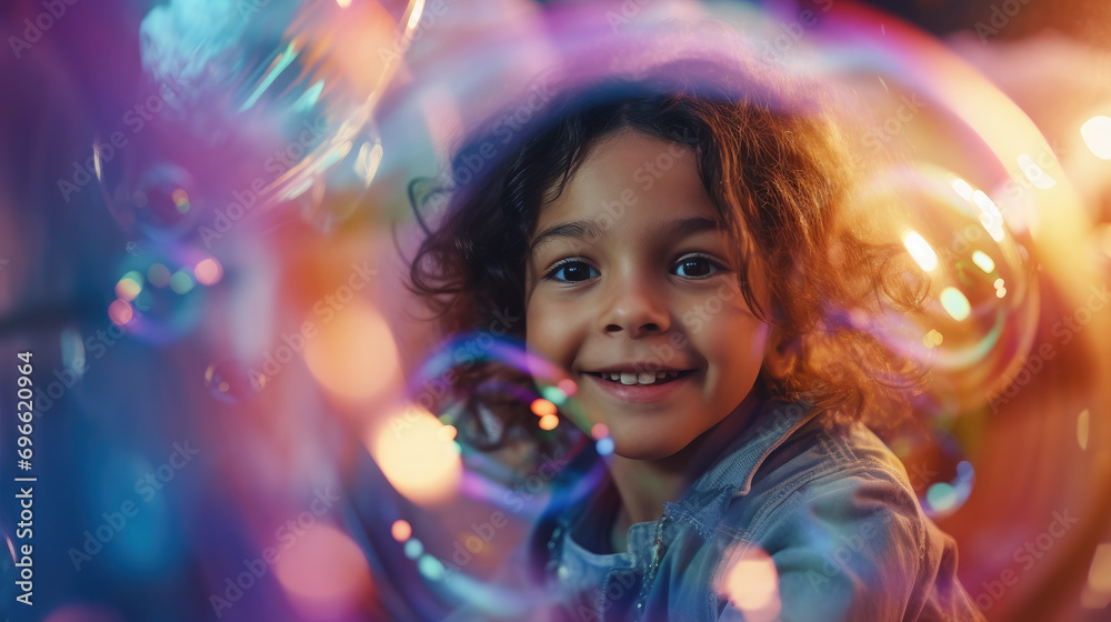 soap bubble show at a children's birthday party, happy child, kid, portrait, emotional face, holiday, play a game, disco, childhood, fun, park, boy, girl, smile, blurred background - obrazy, fototapety, plakaty 