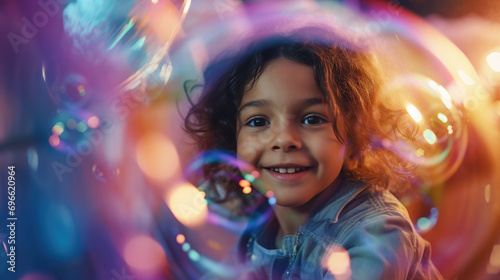 soap bubble show at a children's birthday party, happy child, kid, portrait, emotional face, holiday, play a game, disco, childhood, fun, park, boy, girl, smile, blurred background photo