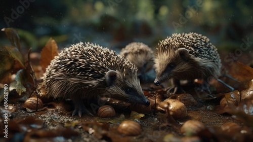 a pair of hedgehogs in the middle of a wild forest