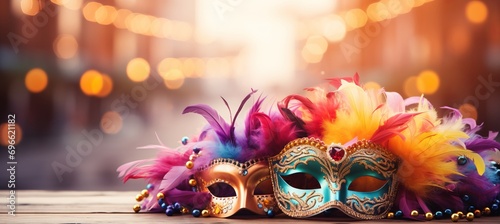 Colorful venetian carnival background with copy space and vibrant carnival attributes photo