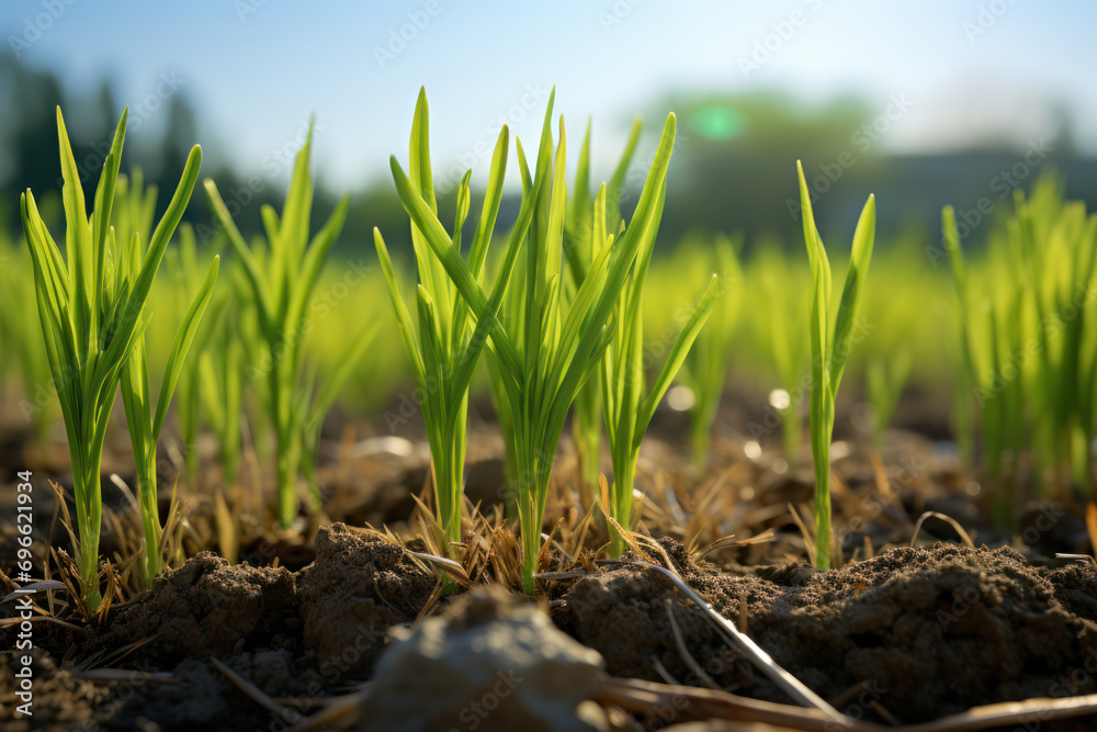 Fototapeta premium Sprouting wheat fields in early spring, a vibrant and promising sight symbolizing the cycle of growth and renewal in agriculture. Generative Ai.