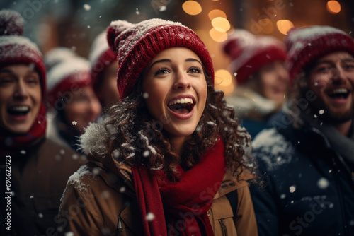 A group of carolers singing joyous tunes on a snowy evening, spreading the gift of music and camaraderie during the holiday festivities. Generative Ai.