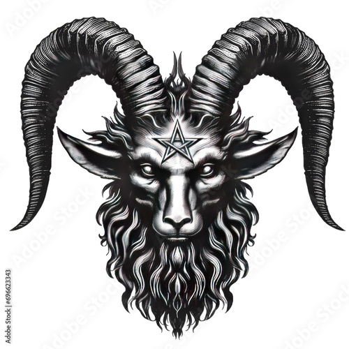 baphomet with horns and pentagram black and white tattoo design concept art on transparent background