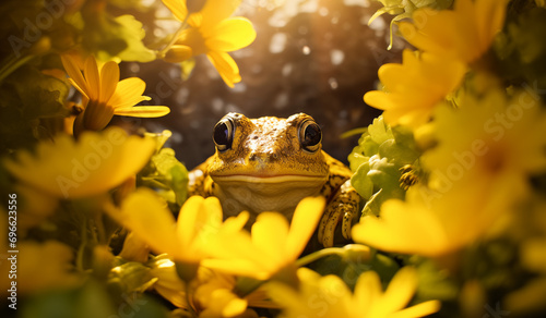 Sapo em um túnel de flores amarelas com a luz difusa do sol em um jardim de primavera - Papel de parede © vitor