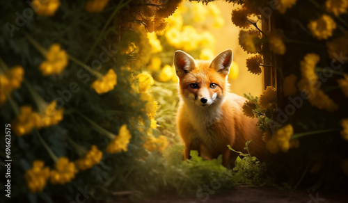 Raposa Vermelha em um t  nel de flores amarelas com a luz difusa do sol em um jardim de primavera - Papel de parede