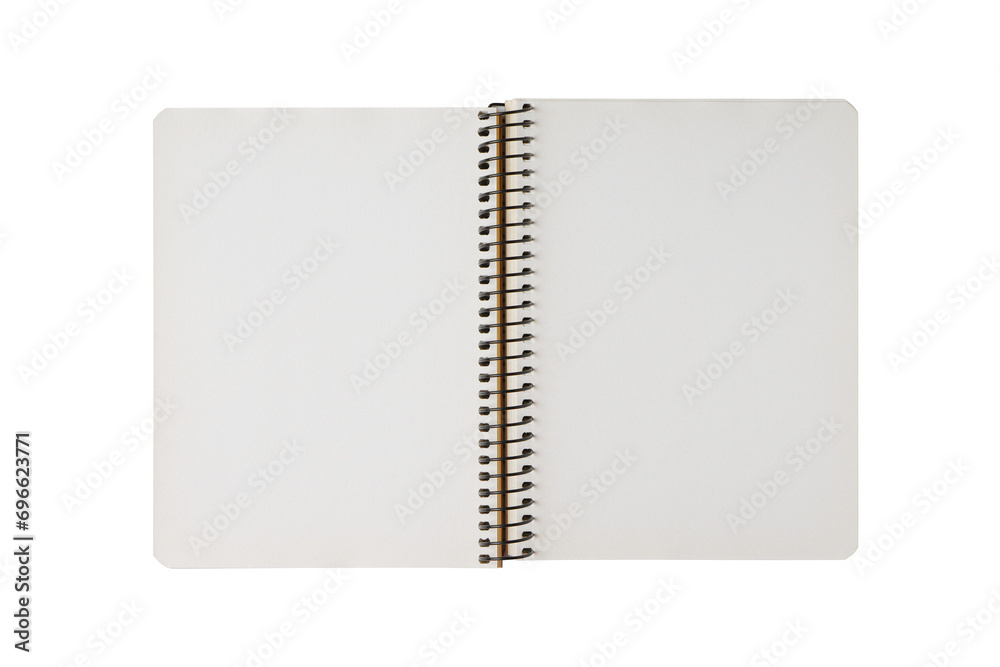 Open spiral bound notepad with empty white sheets, isolated on white, transparent background, PNG. Top view, copy space for text, template, mockup. Open spiral bound notepad with empty white sheets, isolated on white, transparent background, PNG. Top view, copy space for text, template, mockup.