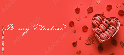 Festive banner with tasty macaroons and text BE MY VALENTINE on red background photo