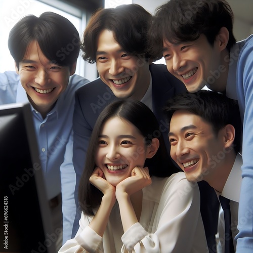 Wallpaper Mural Korean office workers huddled near a monitor screen, looking straight ahead and laughing happily Torontodigital.ca