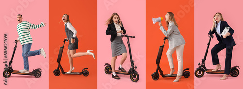 Collage of businesswoman and young man with electric kick scooter on color background photo