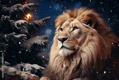 Very beautiful lion close-up  Christmas  snow  moon stars  garland  Christmas tree with generative ai