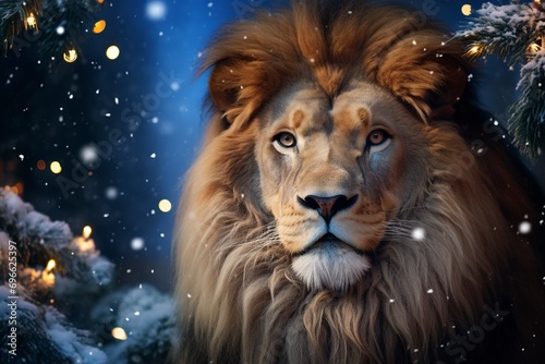 Very beautiful lion close-up, Christmas, snow, moon stars, garland, Christmas tree with generative ai © ImronDesign