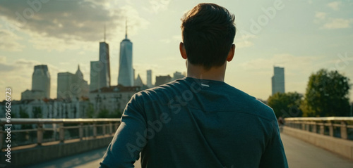young man hurrying to city,...
