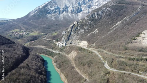 Flight over Jura mountains and Rhone river near to Geneva with Fort l'Ecluse in the background - 4K photo