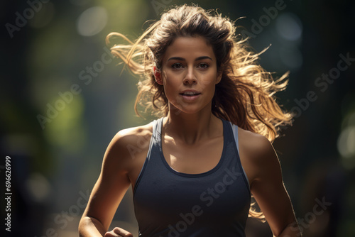 A mindful runner, feeling each footfall and breath, attuning to the rhythm of the body in motion, and embracing the joy of mindful exercise. Generative Ai. photo