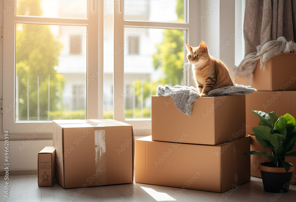 Fototapeta premium Moving to new home, donation concept. Stack of cardboard boxes and cat sitting in empty cardboard box inside the room