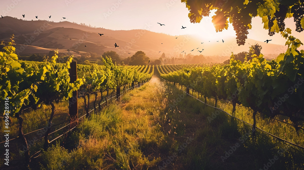 A picturesque vineyard at sunrise, with rows of grapevines stretching into the distance, the early morning light painting the landscape in warm tones,