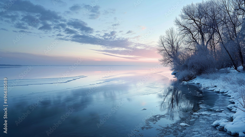 A serene winter lake at dawn, frost-kissed shores, the first light painting the icy surface in soft tones. A serene winter lake at dawn, frost-kissed shores, the first light painting the icy surface in soft tones.