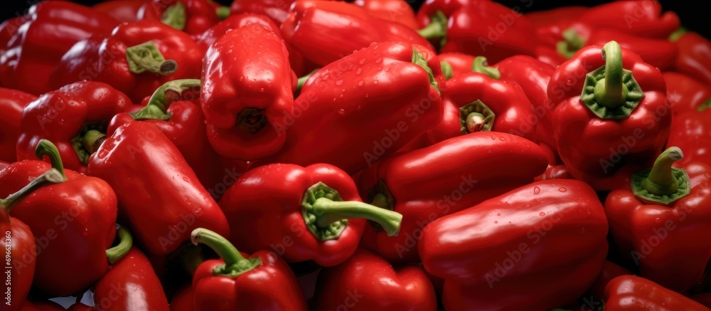 A neat pile of red peppers