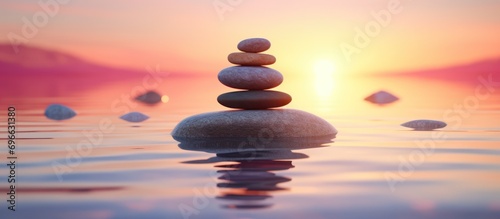 A pile of stones balanced in the middle of calm purple, orange and blue sea water with sunlight in the background