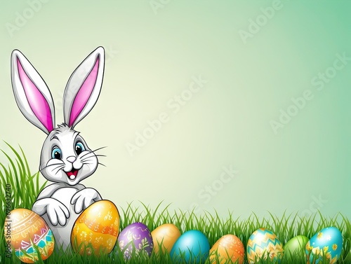 Easter bunny with Easter eggs on a pastel background with copy space.