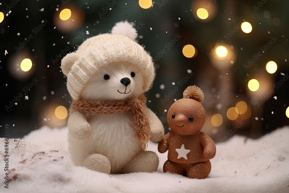 Very cute little snowman and teddy bear close up, christmas, snow, moon stars, garland, tree with generative ai Very cute little snowman and teddy bear close up, christmas, snow, moon stars, garland, tree with generative ai