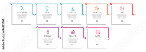 simple infographic design with 8 parts or steps, interconnected square shapes with thin colored lines, for flow diagrams, banners or your business presentation