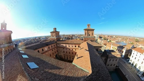 Splendid panorama of Ferrara, Italy from the tower of Ferrara Castle. Estense castle dates back to 1385, when it was erected by the Este dynasty, the long-time lords of city and Duchy of Ferrara.
