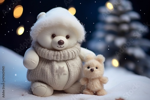 Very cute little snowman and teddy bear close up, christmas, snow, moon stars, garland, tree with generative ai