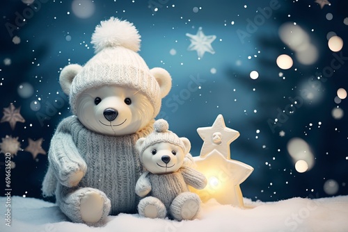 Very cute little snowman and teddy bear close up, christmas, snow, moon stars, garland, tree with generative ai © ImronDesign