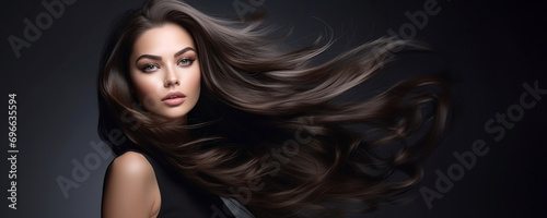 Young stunning woman with healthy long brunette hair. Glossy wavy beautiful hair. Hair salon banner photo