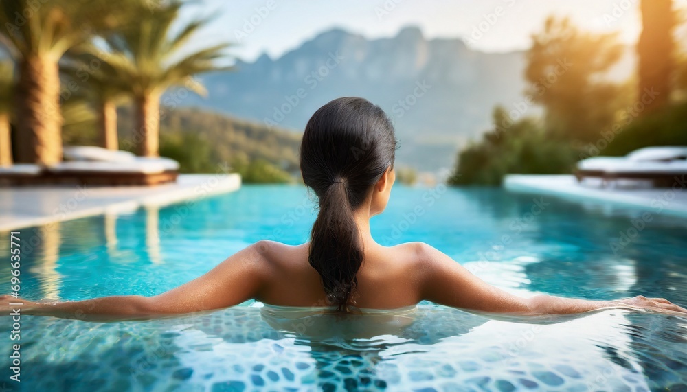 Luxury swimming pool spa resort travel honeymoon destination woman relaxing in infinity pool at hotel nature background summer holiday