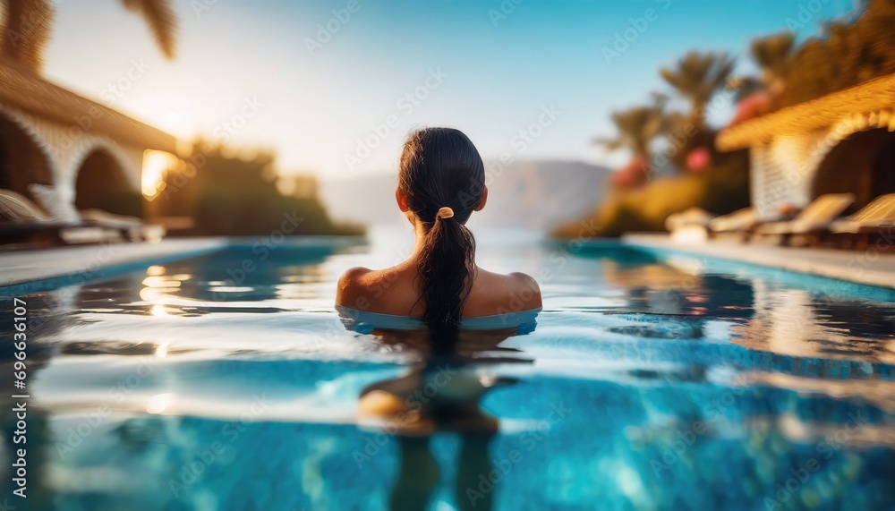 Luxury swimming pool spa resort travel honeymoon destination woman relaxing in infinity pool at hotel nature background summer holiday.  - obrazy, fototapety, plakaty 