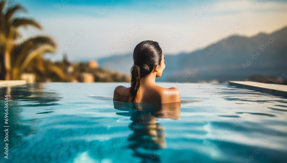 Luxury swimming pool spa resort travel honeymoon destination woman relaxing in infinity pool at hotel nature background summer holiday. Luxury swimming pool spa resort travel honeymoon destination woman relaxing in infinity pool at hotel nature background summer holiday.