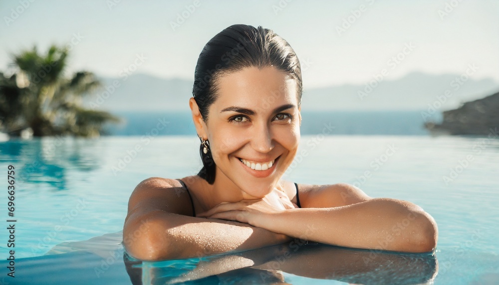 Luxury swimming pool spa resort travel honeymoon destination woman relaxing in infinity pool at hotel nature background summer holiday. Luxury swimming pool spa resort travel honeymoon destination woman relaxing in infinity pool at hotel nature background summer holiday.