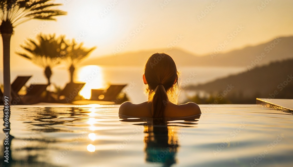 Luxury swimming pool spa resort travel honeymoon destination woman relaxing in infinity pool at hotel nature background summer holiday. - obrazy, fototapety, plakaty 