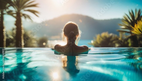 Luxury swimming pool spa resort travel honeymoon destination woman relaxing in infinity pool at hotel nature background summer holiday.