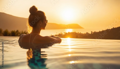 Luxury swimming pool spa resort travel honeymoon destination woman relaxing in infinity pool at hotel nature background summer holiday. 